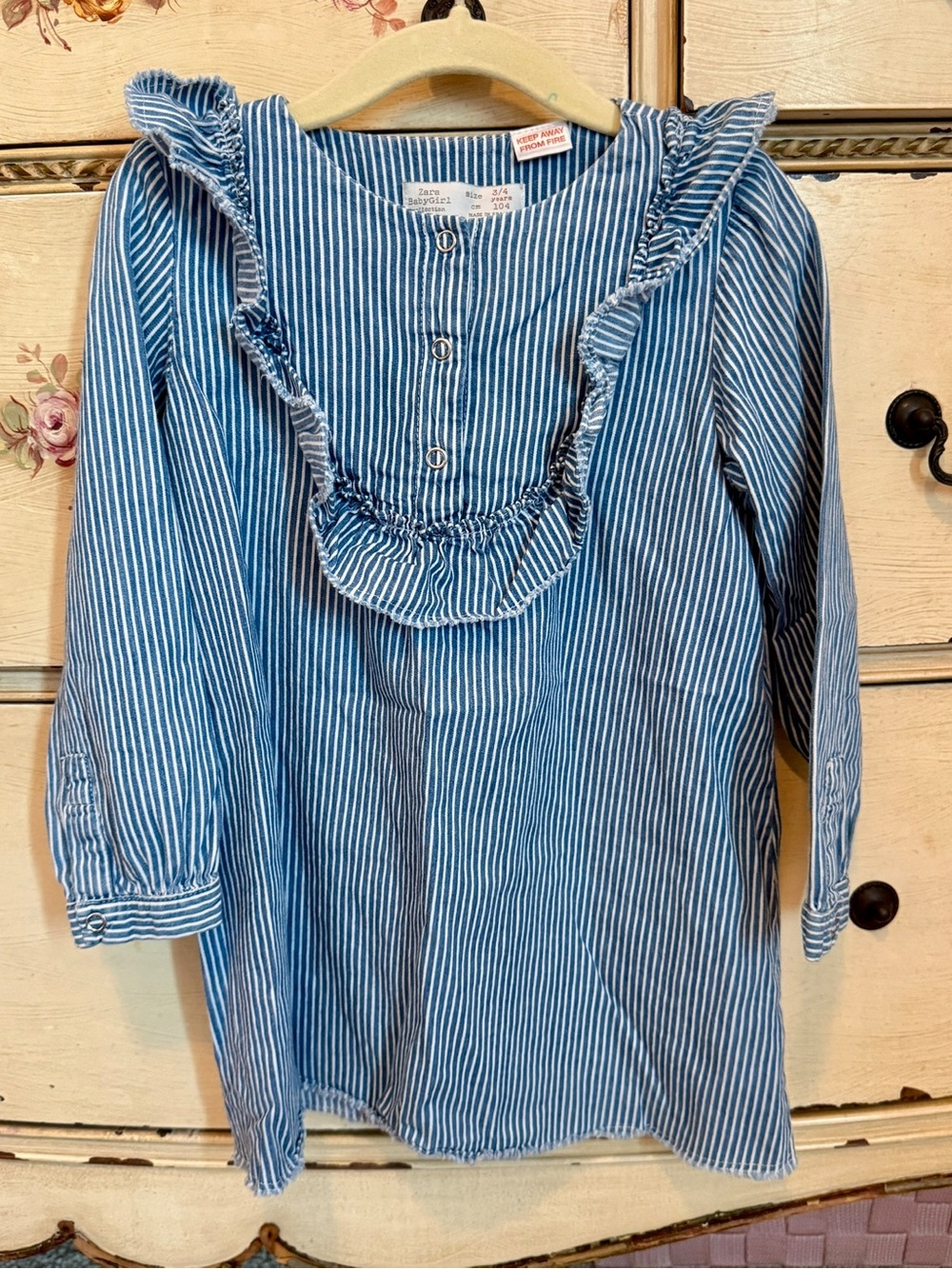 Zara Blue and White Striped Ruffle-Front Kids Dress